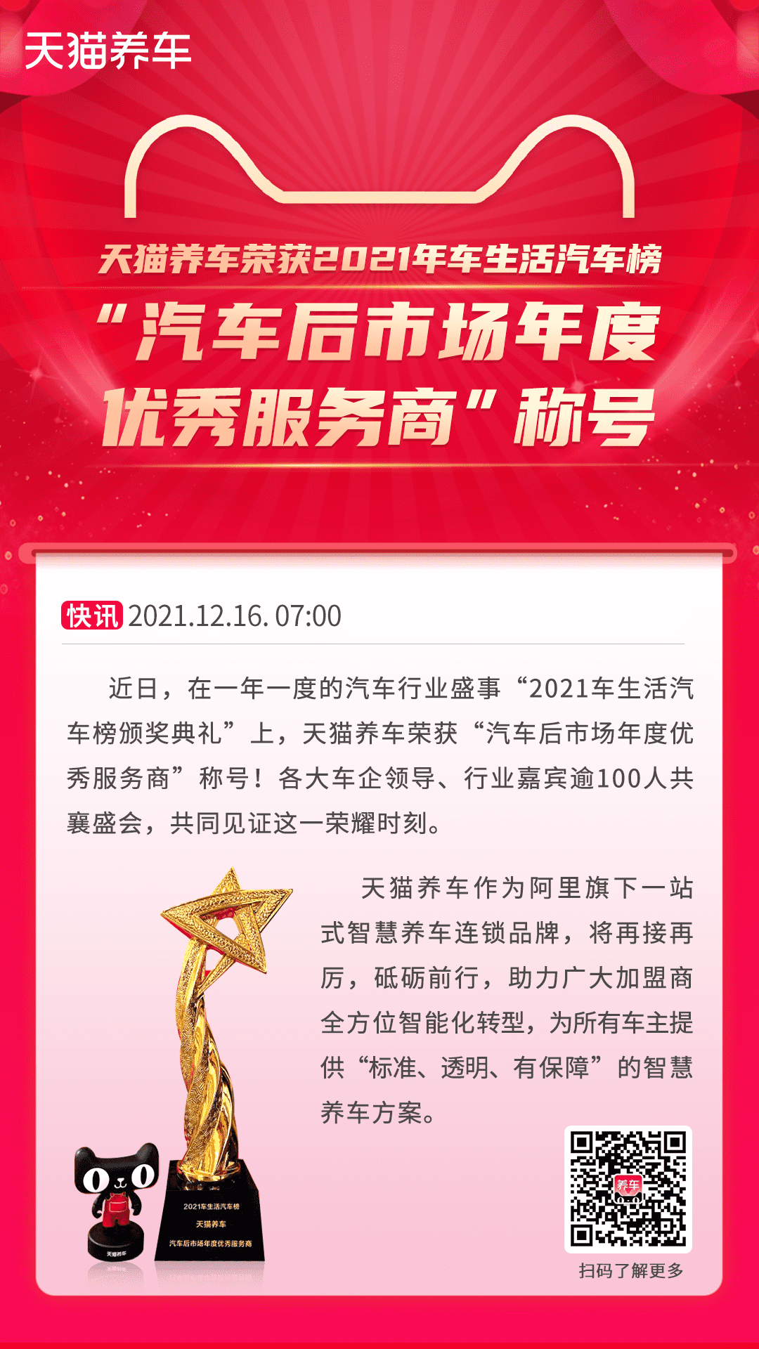 天猫养车荣获2021年车生活汽车榜“汽车后市场年度优秀服务商”